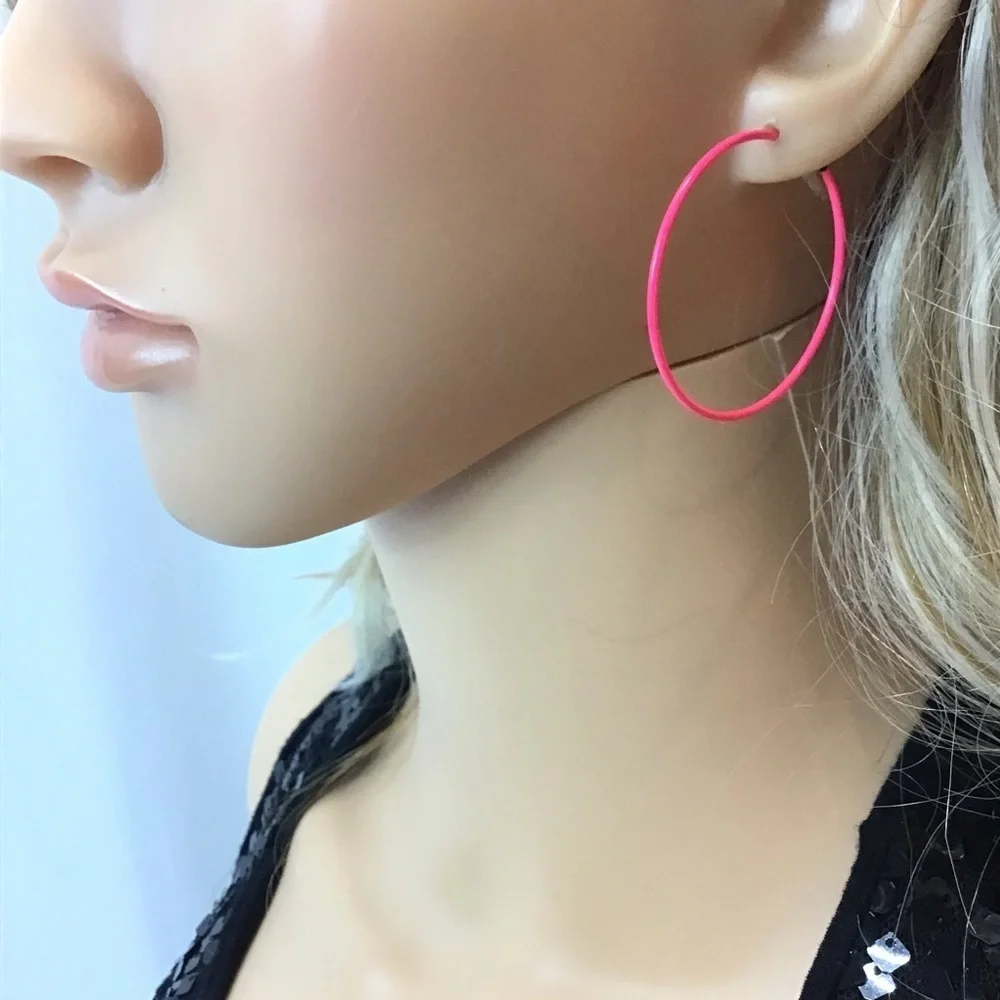 (2 pairs) Claire’s & Icing Neon Pink Hoop Feather Dangle Cuff Pierced Earrings